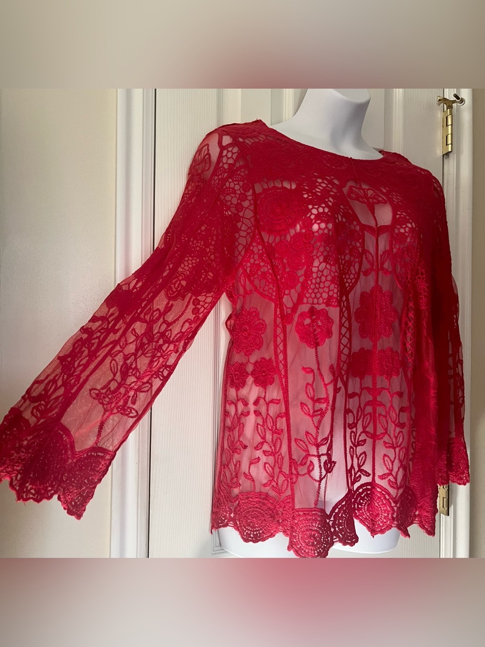 Ultra Pink Red Floral Lace Sheer Blouse - Plus Size 1X - Long Sleeves